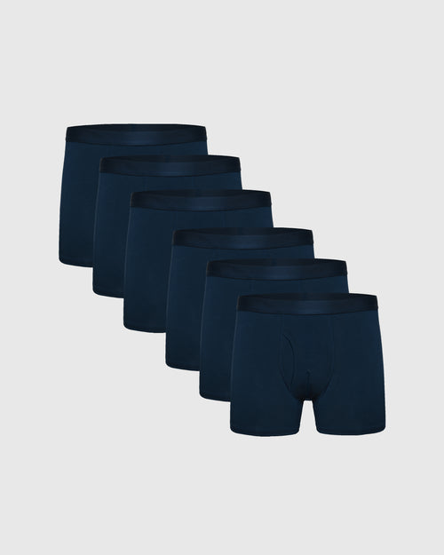 Navy Boxer Trunks W/ Fly 6-Pack arranged in staggered row.
