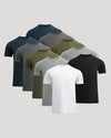 Set of eight men's t-shirts in various colors on a light gray background
