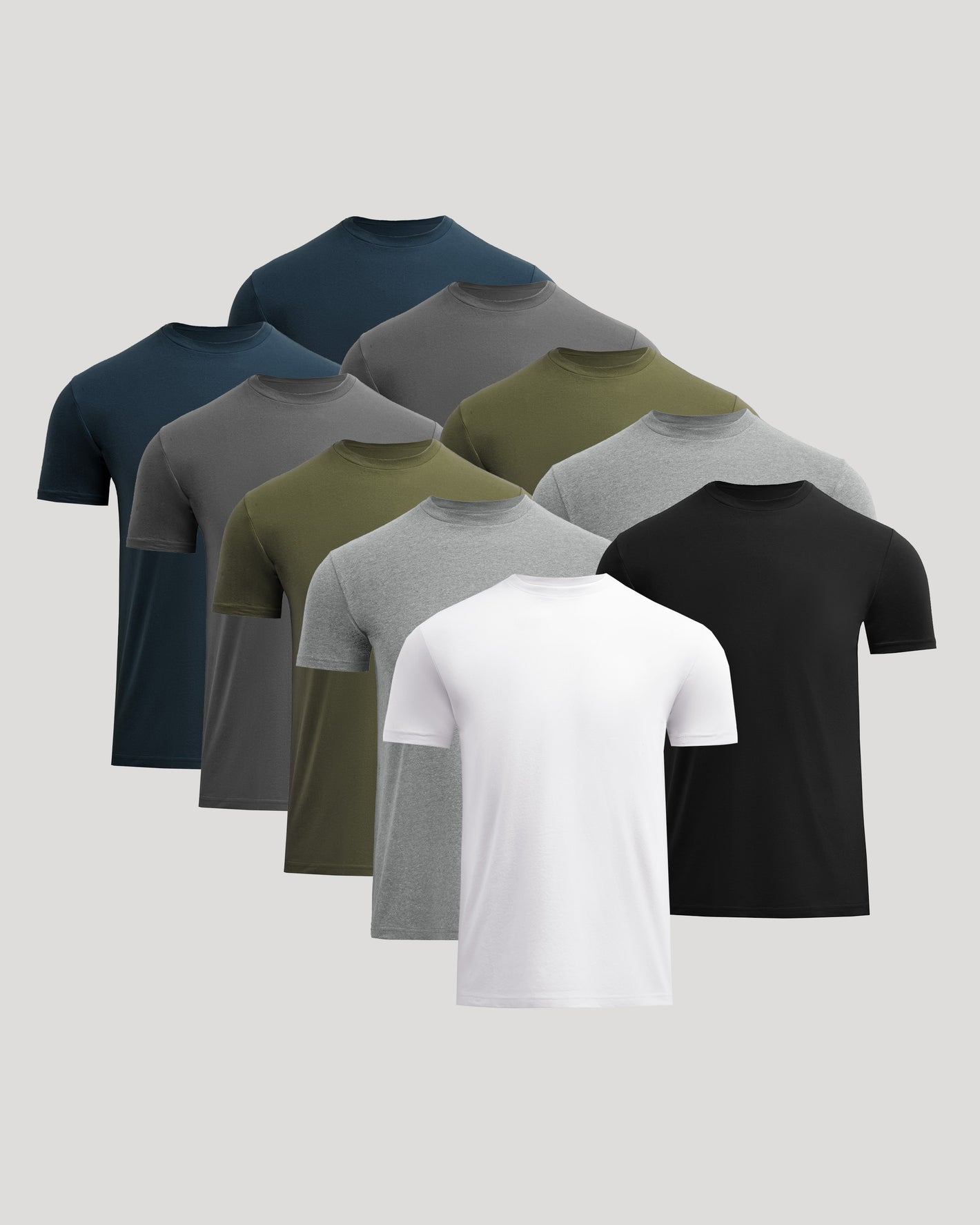 Set of eight men's t-shirts in various colors on a light gray background