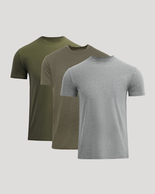 Classic Crew 3-Pack shirts: olive, muted army, and heather gray.