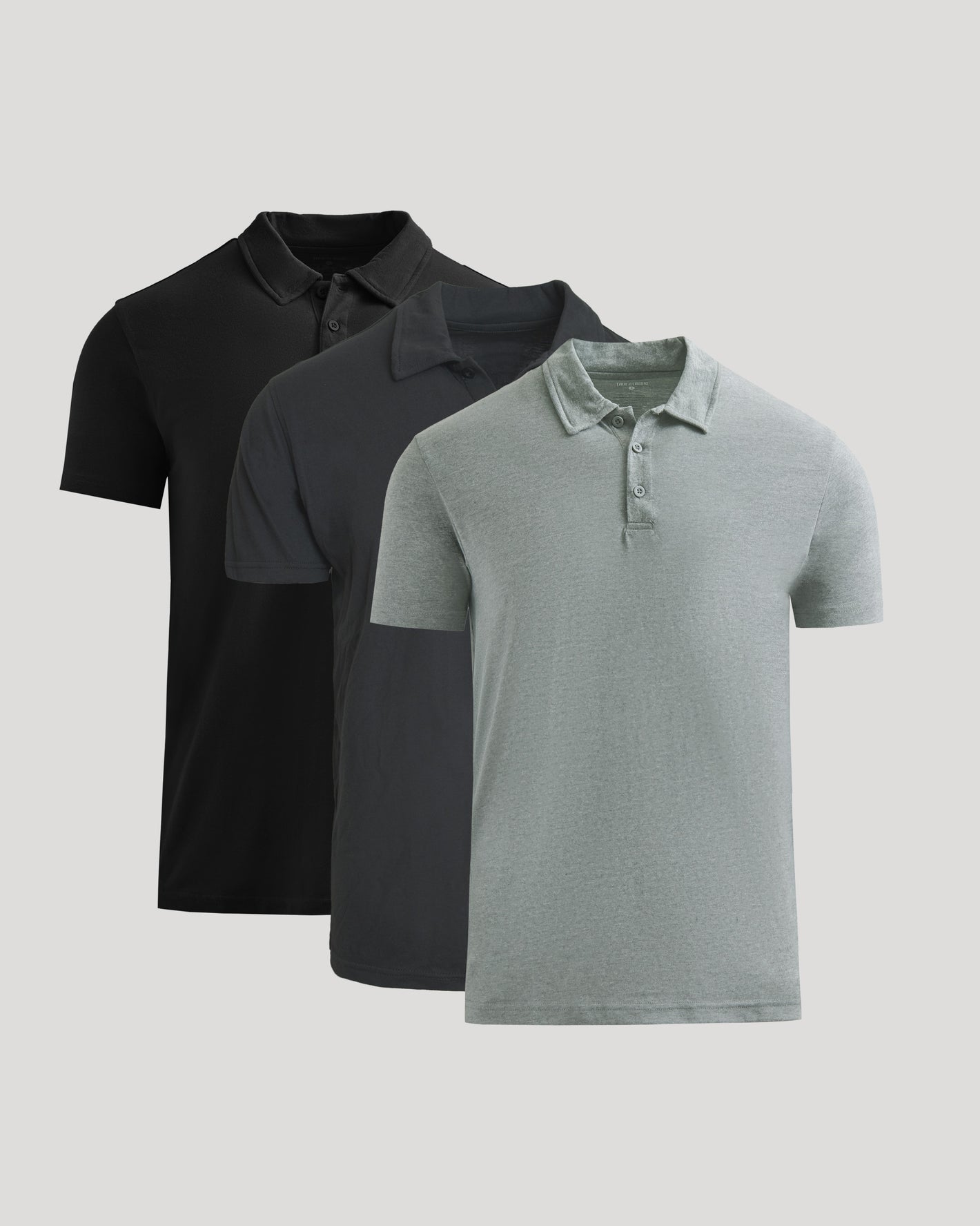 Classic Polo 3-Pack featuring three short sleeve men's polos in black charcoal and light gray for versatile everyday basics