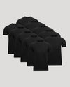 A pack of ten black short-sleeve crewneck t-shirts arranged in a staggered fan layout on a solid light gray background.
