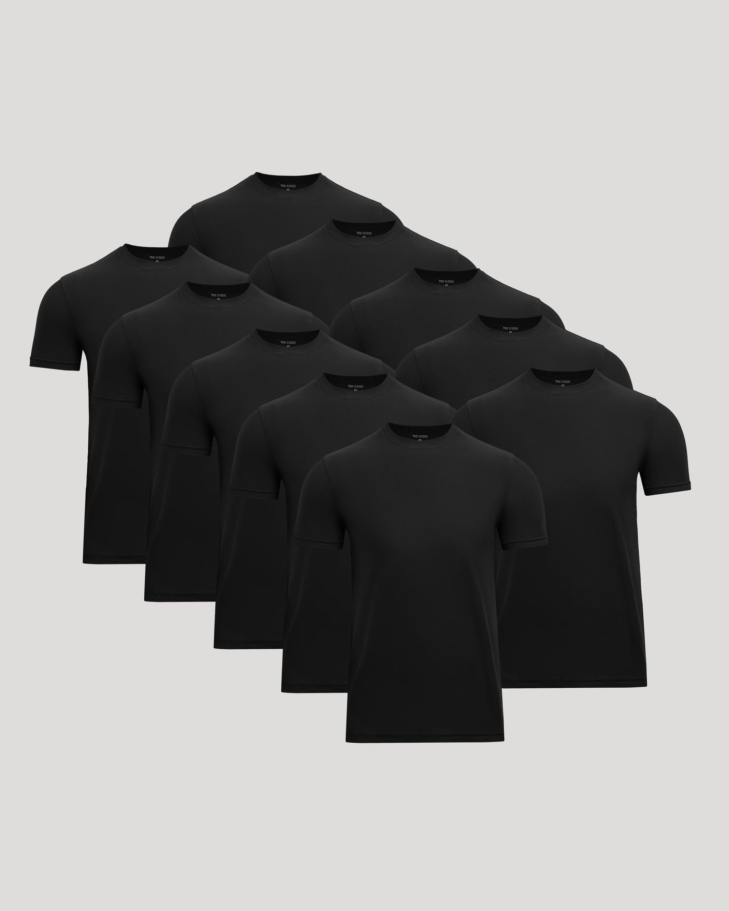 A pack of ten black short-sleeve crewneck t-shirts arranged in a staggered fan layout on a solid light gray background.