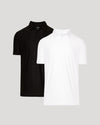Black and white polo shirts on a light gray background