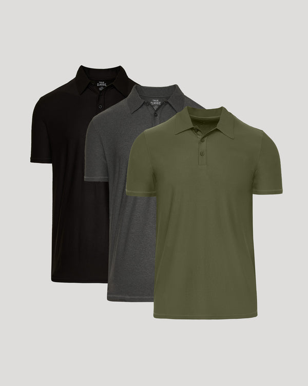True Classic Men’s Active Short Sleeve Polo - Moisture Wicking Golf Shirt with Stretch Fit, Casual Menswear for Workwear, Blue Collar, or Gifts in black, gray, and olive green for men's basics