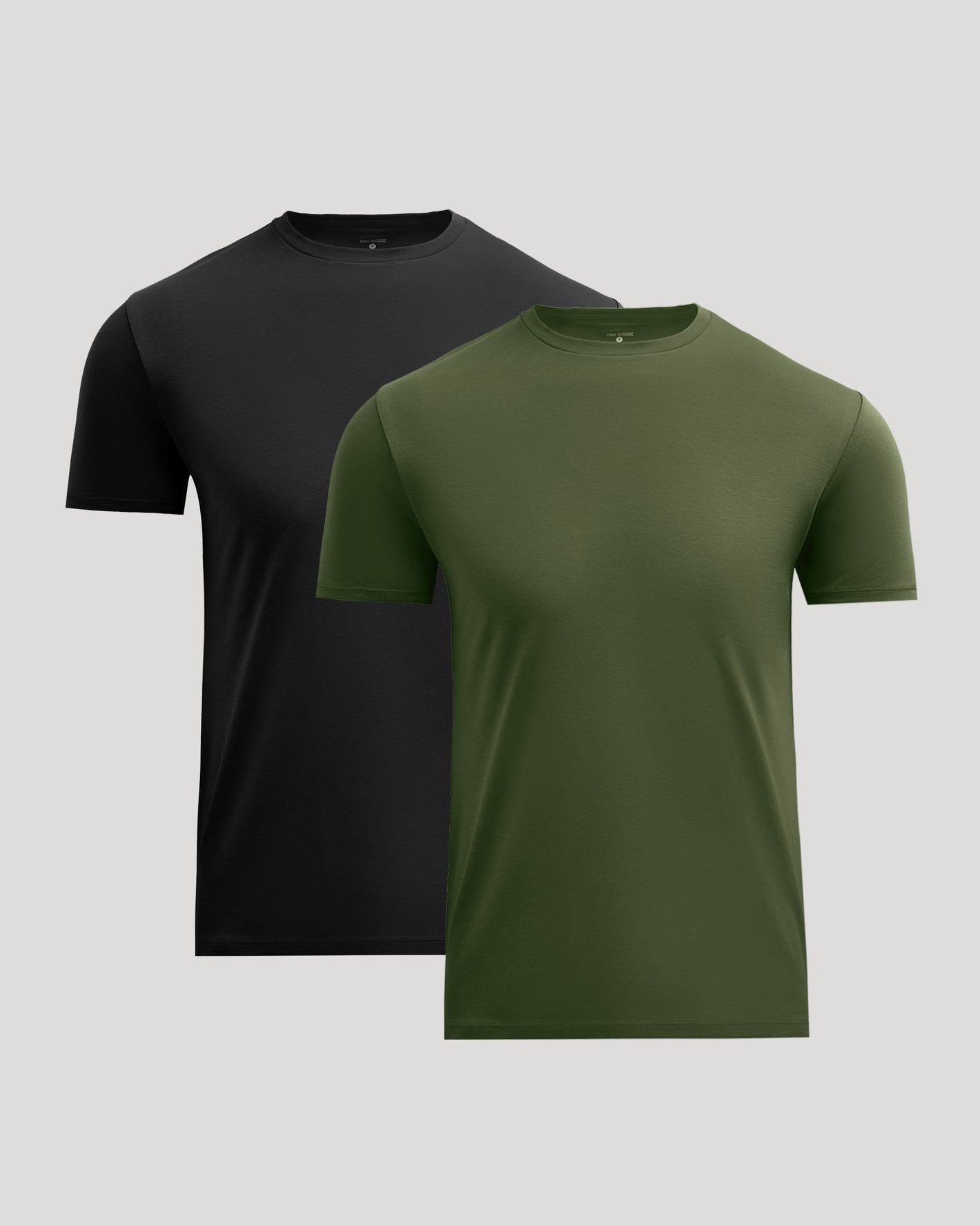 Two short-sleeve crew-neck t-shirts shown on a light gray background, with one in black positioned behind and one in olive green positioned in front.