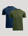 Two short-sleeve crew-neck t-shirts shown on a light gray background, with one in navy blue and the other in olive green.