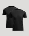 Two plain black crew neck t-shirts in a pack, showcasing the All Black Pima Cotton Blend Crew 2-Pack men's basics with a smooth, comfortable fabric appearance.