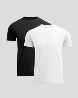 Two classic crew neck t-shirts in black and white, made from a soft pima cotton blend, part of the Black & White Pima Cotton Blend Crew 2-Pack men's basics.