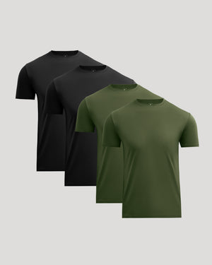 Pima Cotton Blend Crew 4-Pack with four men's short sleeve crew neck shirts in black and olive green for versatile everyday basics