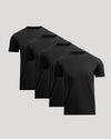 Four black crew neck t-shirts made from a pima cotton blend, shown as a set titled All Black Pima Cotton Blend Crew 4-Pack, perfect for men's basics.