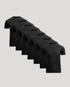 Seven black crew neck t-shirts neatly arranged, showcasing the All Black Pima Cotton Blend Crew 7-Pack as essential men's basics with a soft, comfortable fabric blend.