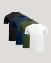 Set of four men's basic crew neck t-shirts in black, navy, olive green, and white, showcasing the Pima Cotton Blend Crew 4-Pack for comfortable everyday wear.