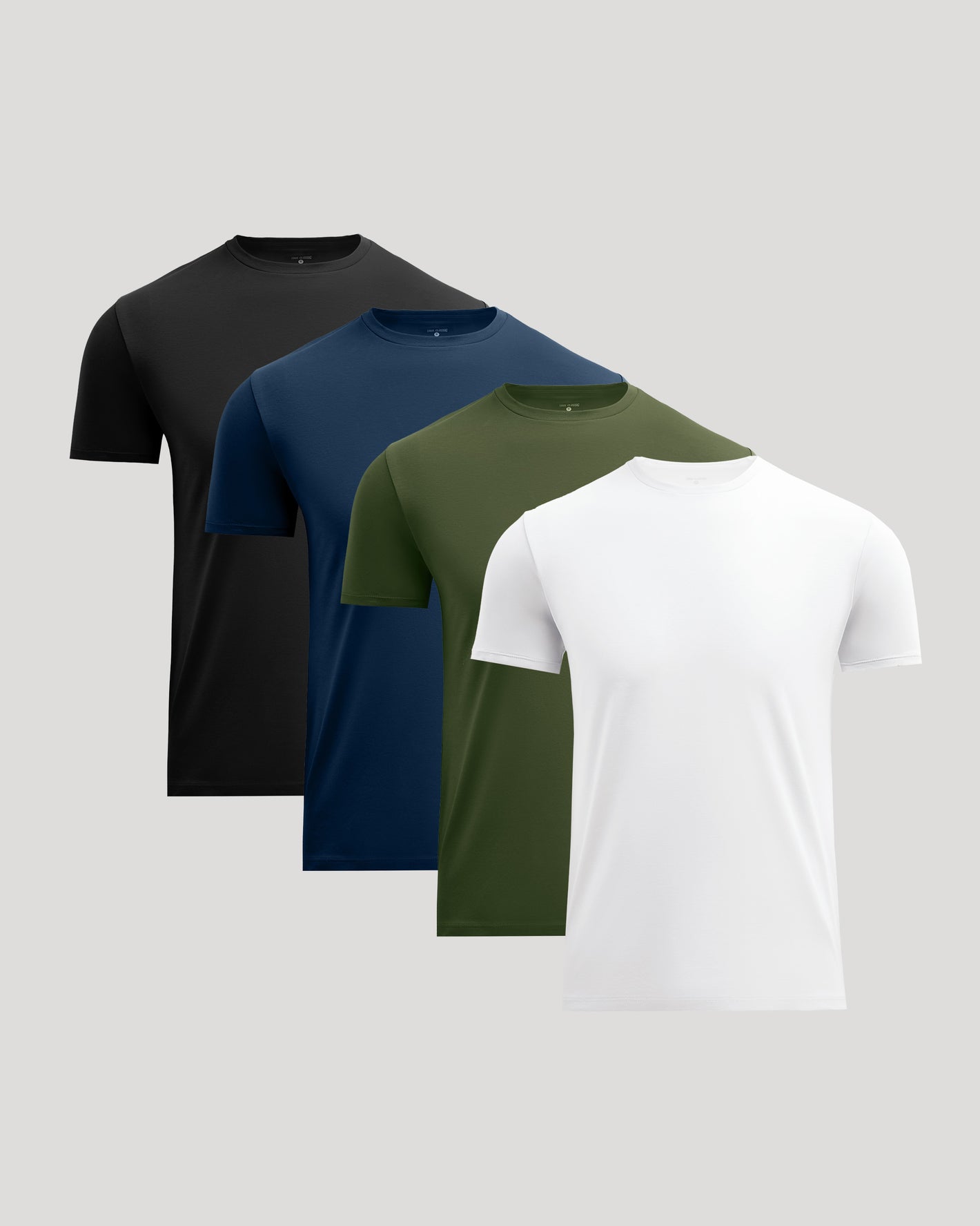 Set of four men's basic crew neck t-shirts in black, navy, olive green, and white, showcasing the Pima Cotton Blend Crew 4-Pack for comfortable everyday wear.