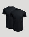 Two black crew neck t-shirts with a curved hem displayed side by side, part of the Pima Cotton Blend Curved Hem Crew 2-Pack men's basics collection.