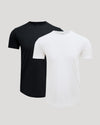 Two men's basic crew neck t-shirts in black and white featuring a curved hem, part of the Pima Cotton Blend Curved Hem Crew 2-Pack collection.