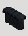Four black crew neck t-shirts arranged in a row showcasing the Pima Cotton Blend Curved Hem Crew 4-Pack, a men's basics essential by True Classic.