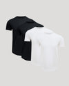 Four men's crew neck t-shirts in black and white shown in a pack, highlighting the Pima Cotton Blend Curved Hem Crew 4-Pack as comfortable men's basics.