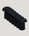 Seven black crew neck t-shirts neatly arranged, showcasing the Pima Cotton Blend Curved Hem Crew 7-Pack as comfortable and stylish men's basics.