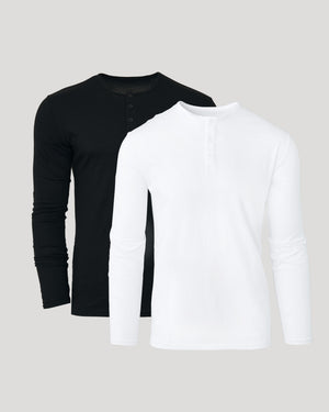 Black and white long-sleeve shirts on a light gray background