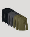Set of four long-sleeve shirts in black, gray, and green on a light gray background