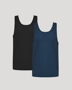 True ClassicBlack and blue tank tops on a light gray background