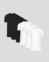 Five short-sleeve crew-neck t-shirts arranged in a fan shape on a light gray background, with three black shirts behind and two white shirts in front.
