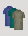 Three short-sleeve polo shirts shown in a layered studio arrangement on a light gray background: a blue-purple shirt behind, a teal shirt in the middle, and an olive green shirt in front.