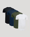 Four men's crew neck t-shirts in black, navy, olive green, and white displayed to highlight the Tall Pima Cotton Blend Curved Hem Crew 4-Pack as comfortable men's basics.