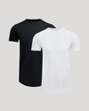 Two men's crew neck t-shirts in black and white with a curved hem, shown as the Tall Pima Cotton Blend Curved Hem Crew 2-Pack, designed as essential men's basics.