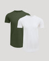Two men's crew neck t-shirts in olive green and white, styled with a curved hem, shown as a Tall Pima Cotton Blend Curved Hem Crew 2-Pack, perfect for everyday basics.