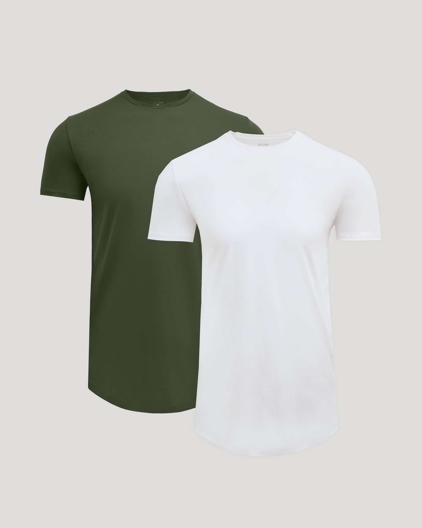 Two men's crew neck t-shirts in olive green and white, styled with a curved hem, shown as a Tall Pima Cotton Blend Curved Hem Crew 2-Pack, perfect for everyday basics.