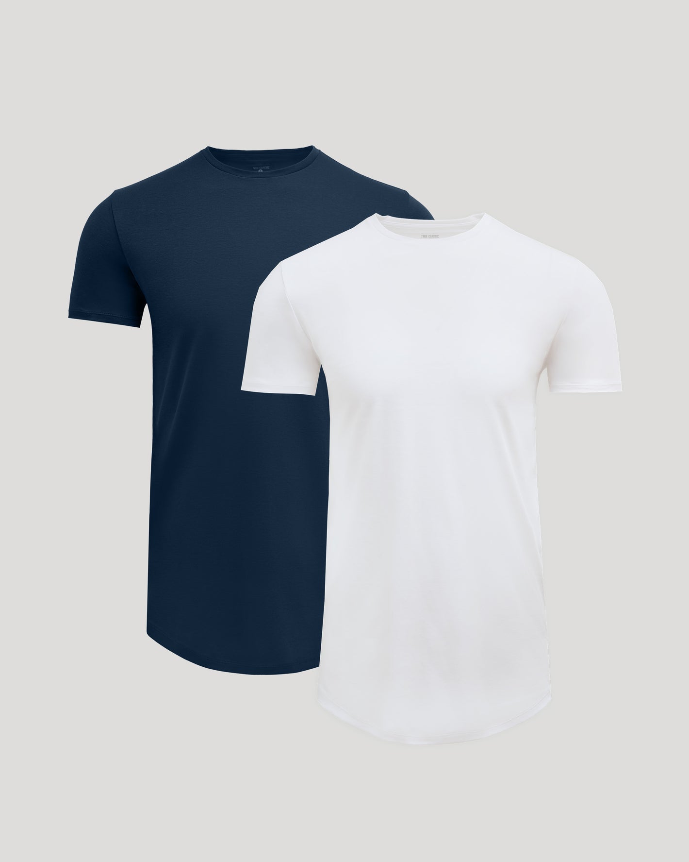 Tall Pima Cotton Blend Curved Hem Crew 2-Pack featuring one navy and one white short-sleeve men's basic crew neck t-shirt with a curved hem design.