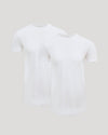 Two white crew neck t-shirts with a curved hem in a soft blend fabric, presented as the Tall Pima Cotton Blend Curved Hem Crew 2-Pack, ideal for men's basics.