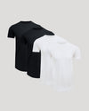 Four men's basic crew neck t-shirts with a curved hem in black and white colors, shown together as the Tall Pima Cotton Blend Curved Hem Crew 4-Pack.