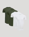 Four men's Tall Pima Cotton Blend Curved Hem Crew 4-Pack t-shirts in olive green and white, displayed against a neutral background, showcasing basic essentials.