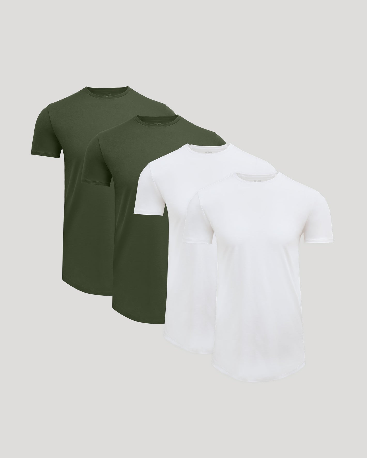 Four men's Tall Pima Cotton Blend Curved Hem Crew 4-Pack t-shirts in olive green and white, displayed against a neutral background, showcasing basic essentials.