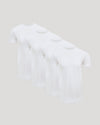 Four white crew neck t-shirts displayed in a row, representing the Tall Pima Cotton Blend Curved Hem Crew 4-Pack men's basics collection.