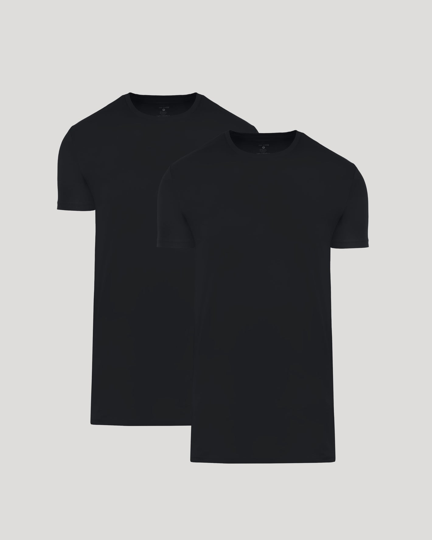 Two black crew neck t-shirts displayed side by side, showcasing the Tall Pima Cotton Blend Crew 2-Pack as essential men's basics for a comfortable and stylish everyday wear.