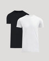 Two men's basic crew neck t-shirts in black and white, displayed side by side, showcasing the Tall Pima Cotton Blend Crew 2-Pack.