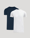 Two men's basic crew neck t-shirts in navy and white, displayed together to showcase the Tall Pima Cotton Blend Crew 2-Pack collection.
