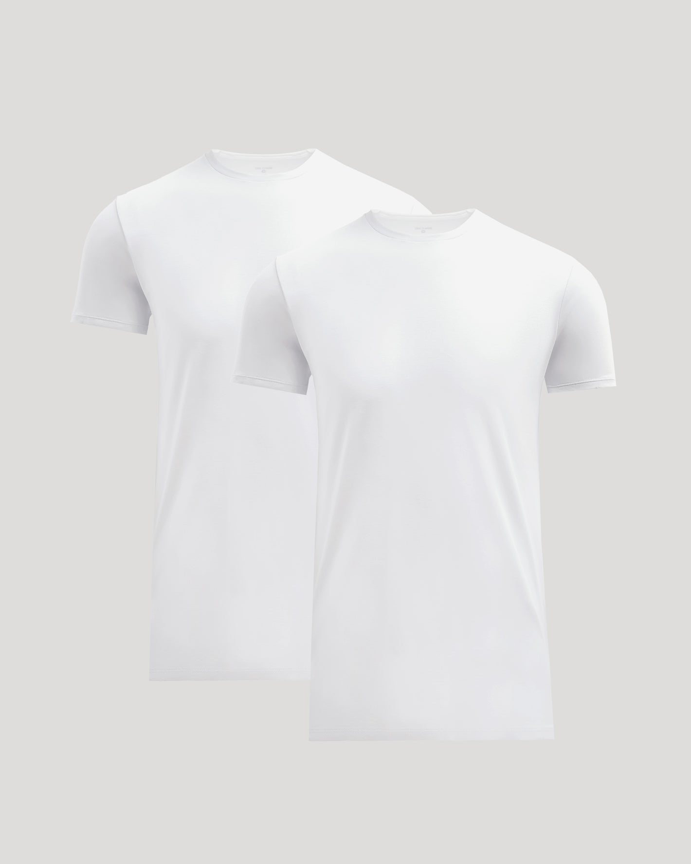 Two plain white crew neck t-shirts displayed on a neutral background, part of the Tall Pima Cotton Blend Crew 2-Pack men's basics collection.