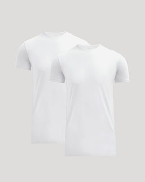 Two plain white crew neck t-shirts displayed on a neutral background, part of the Tall Pima Cotton Blend Crew 2-Pack men's basics collection.