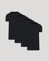 Four black crew neck t-shirts in a Tall Pima Cotton Blend Crew 4-Pack, displayed in a staggered arrangement against a light background, men's basics.