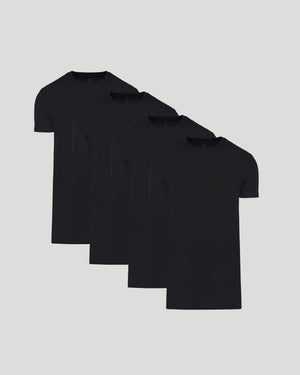 Four black crew neck t-shirts in a Tall Pima Cotton Blend Crew 4-Pack, displayed in a staggered arrangement against a light background, men's basics.