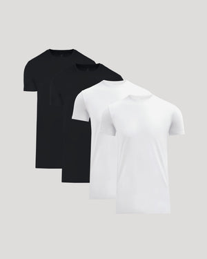 Four basic crew neck t-shirts in black and white arranged side by side, showcasing the Tall Pima Cotton Blend Crew 4-Pack men's basics by True Classic.