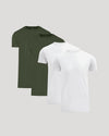 Four men's basic crew neck t-shirts in olive green and white, shown as part of the Tall Pima Cotton Blend Crew 4-Pack collection.