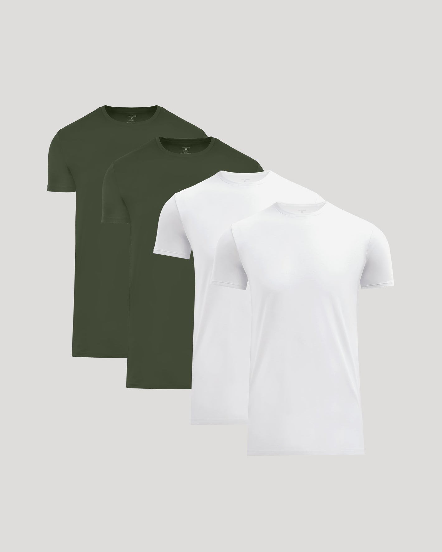 Four men's basic crew neck t-shirts in olive green and white, shown as part of the Tall Pima Cotton Blend Crew 4-Pack collection.