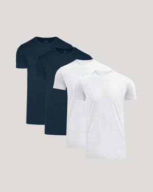 Tall Pima Cotton Blend Crew 4-Pack featuring two navy and two white crew neck t-shirts, perfect men's basics crafted from a soft cotton blend for everyday comfort.