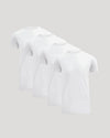 Four plain white crew neck t-shirts neatly arranged, showcasing the Tall Pima Cotton Blend Crew 4-Pack as essential men's basics.
